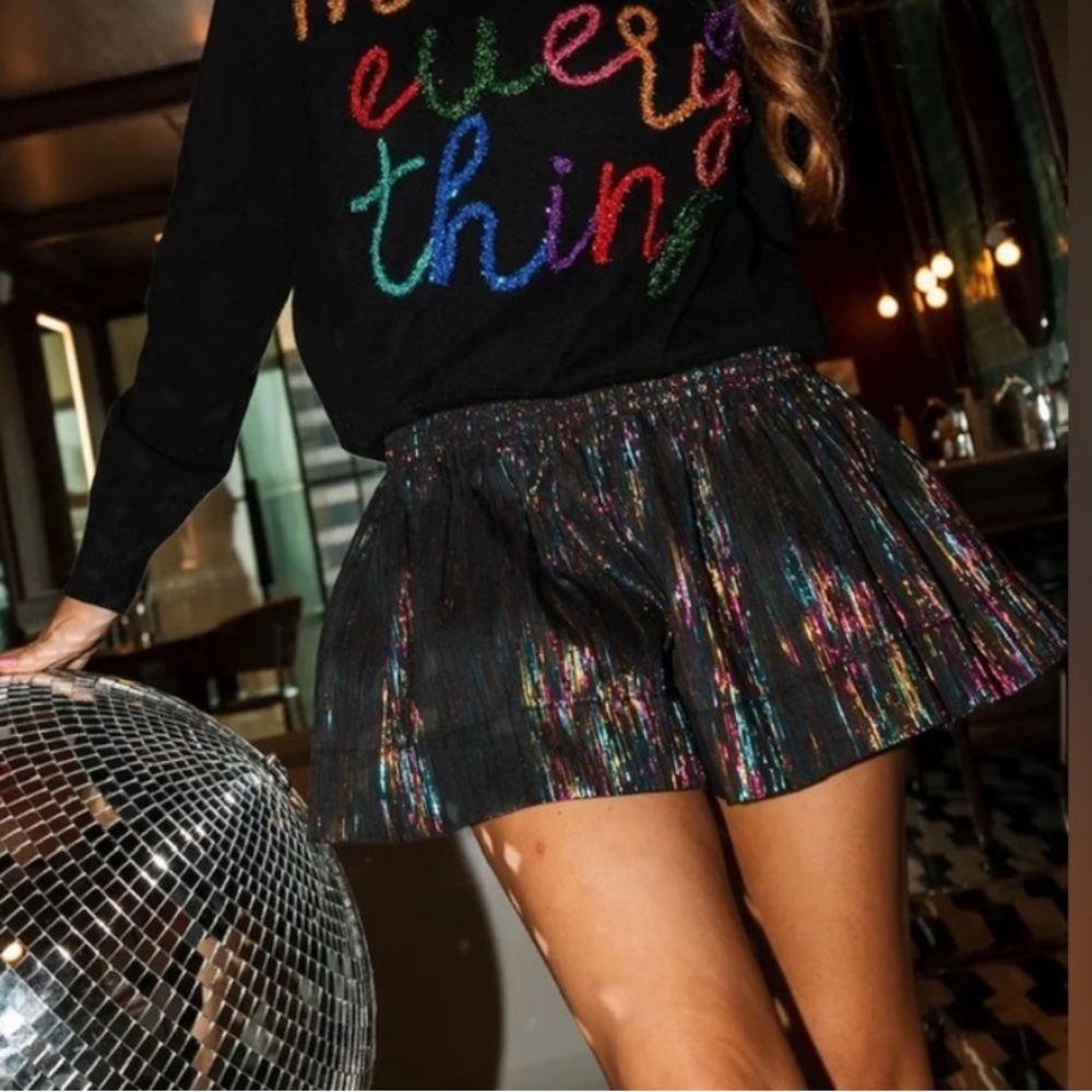 QUEEN OF SPARKLES Black Metallic Pleated Party Shorts
